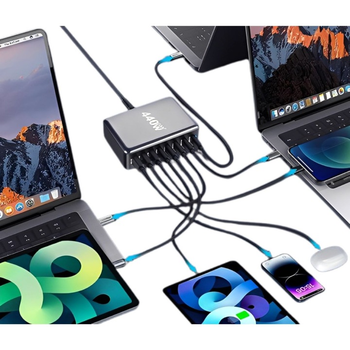 Statie de Incarcare USB 440W GaN PRO BALQRA®, Incarcator Fast Charge 8 Porturi, Incarcator Retea Ultrarapid 8 dispozitive, 5 USB-C & 3 USB-A, Compatibilitate Universala: Laptopuri, Tablete & Smartphonuri, Samsung, Iphone, Ipad, MackBook + alte dispozitive