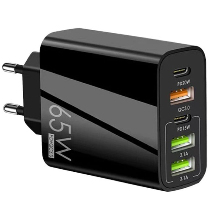 Hálózati töltő, 5 port, 65 W gyorstöltés, 3 x USB, 2 x Type-C, Digital Kala, Univerzális többportos, kompatibilis iPhone, Huawei, Samsung, Xiaomi készülékekkel, Fekete