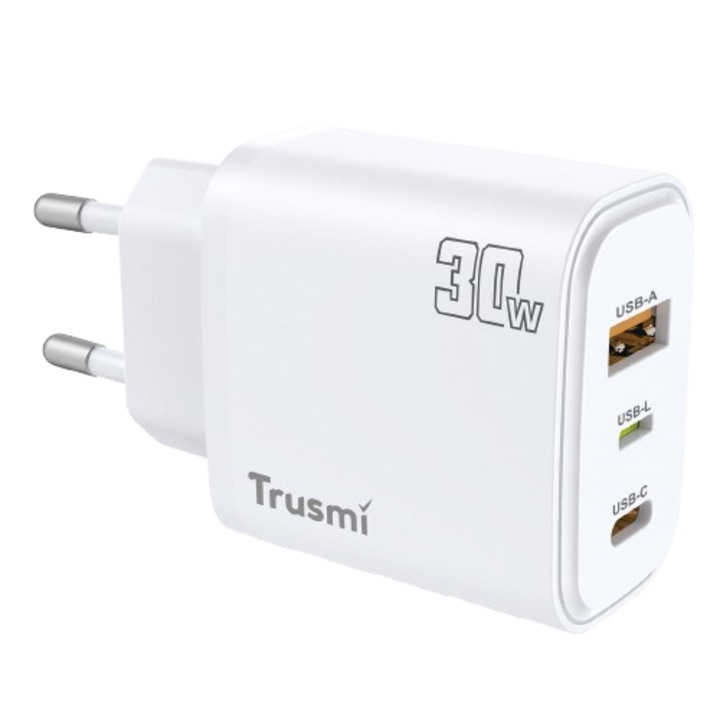Hálózati töltő/aljzat TRUSMI CH12-076 Intelligens gyorstöltés GaN max 30W, 3 port 1 x USB, 1 x USB-C és 1 x USB-L, Univerzális okostelefon/laptop/táblagép kompatibilitás, többféle védelem, fehér
