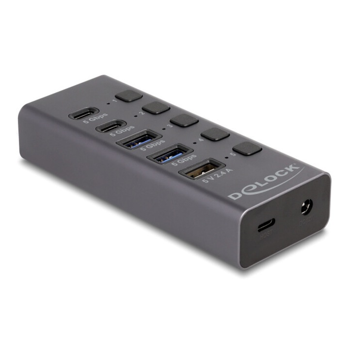 USB хъб, Delock, 64248, 5 порта, 5Gbps, USB/USB-C, черен, 115x47x23mm