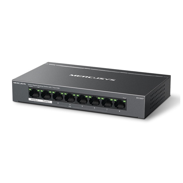 8-портов гигабитов настолен комутатор, Mercusys MS108GP, PoE+, 10/100/1000 Mbps, 171x98x27mm