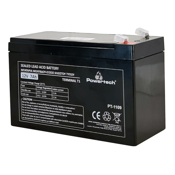 PowerTech 12V 7Ah T1 батерия, размери 151x65x101mm, тегло 1.98kg