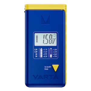 Tester baterii Varta 75305 pentru 9V, AAA, AA, C, D, CR2016, CR2025, CR2032, CR2450, dimensiuni 3.99x1.55x8.99cm