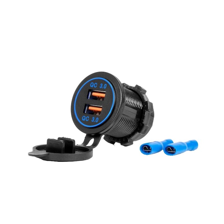 Priza cu 2 USB, 12-24V, 2xUSB QC3.0, cu LED albastru, incastrabila, 04218 Amio