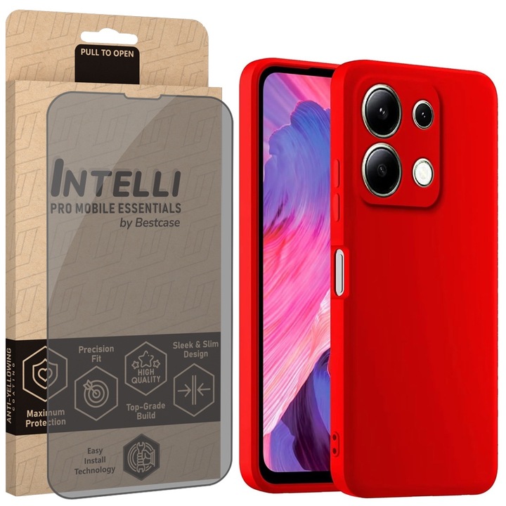 Intelli® Комплект Калъф и Фолио Privacy за Xiaomi Redmi Note 13 Pro 4G, Тънък Премиум Течен Силикон, Противоударен, 360 Защита гръб + екран, Червен