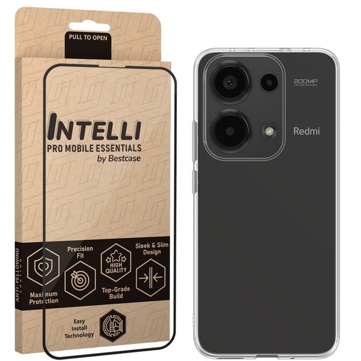 Intelli® Комплект Калъф и Фолио Full Face за Xiaomi Redmi Note 13 5G, Прозрачен Силикон 2MM, Противоударен, 360 Защита гръб + екран, Прозрачен