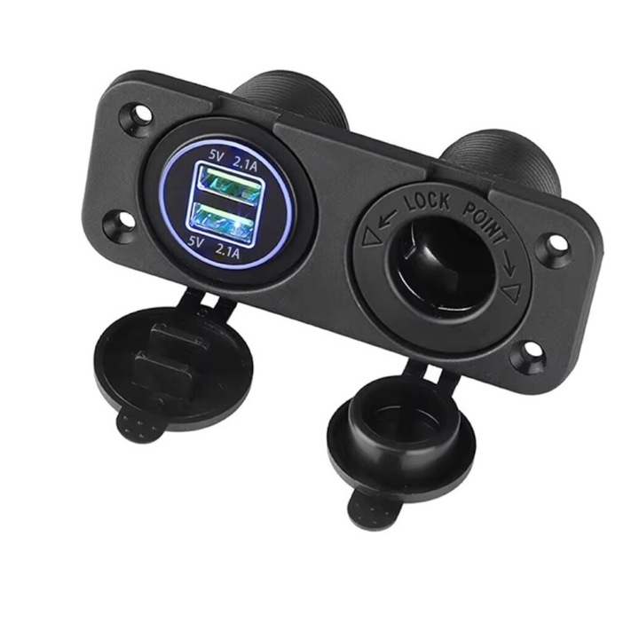 Panou universal cu 2 iesiri USB 5V x 2.1A si priza de 12V pentru bricheta, rezistent la apa