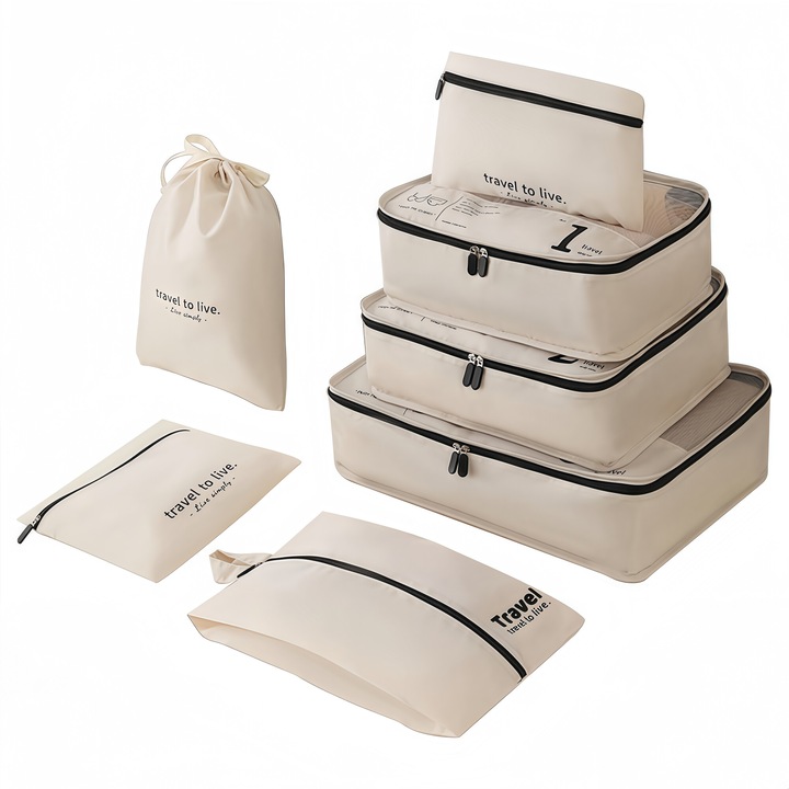 Set 7 organizatoare bagaje, diverse dimensiuni, cu fermoare, poliester, bej, Potrivit pentru calatorii, vacanta, afaceri, RV, camping