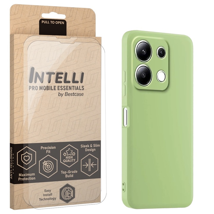 Intelli® Комплект Калъф и 2x Стъклени фолиа за Xiaomi Redmi Note 13 4G, Тънък Премиум Течен Силикон, Противоударен, 360 Защита гръб + екран, Ментово зелен