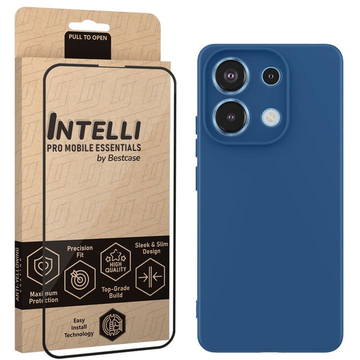 Intelli® Комплект Калъф и Фолио Full Face за Xiaomi Redmi Note 13 Pro 5G, Тънък Премиум Течен Силикон, Противоударна, 360 Защита гръб + екран, Син