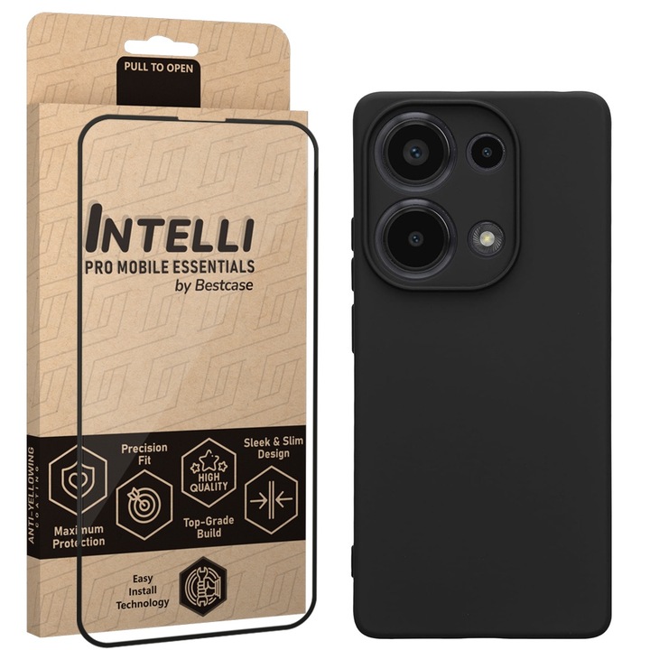 Intelli® Комплект Калъф и Фолио Full Face за Xiaomi Redmi Note 13 Pro 4G, Тънък Премиум Течен Силикон, Противоударна, 360 Защита гръб + екран, Черен