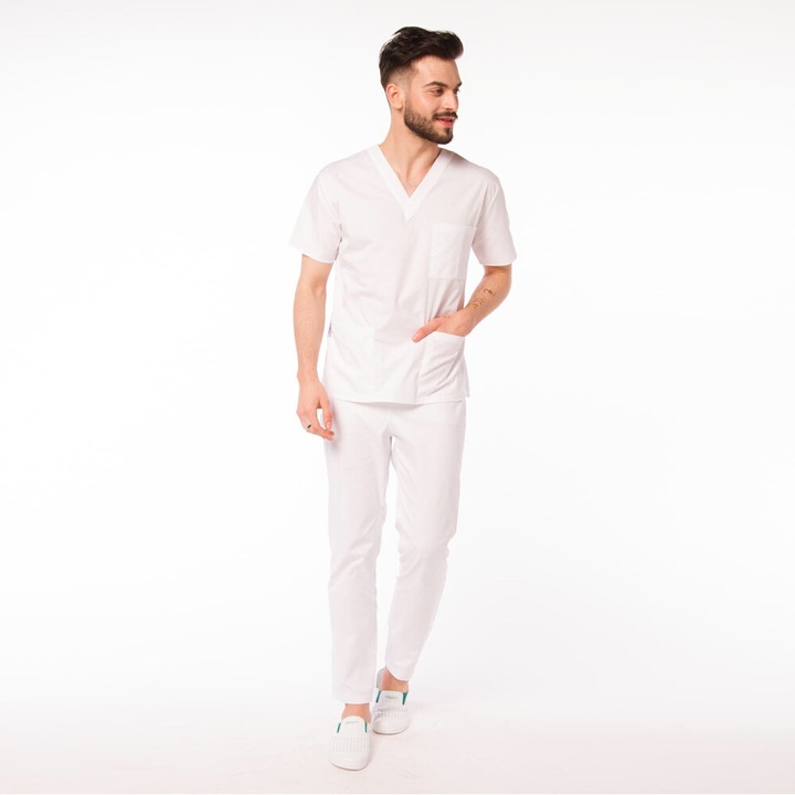 Uniforma medicala stretch (cu elastan) cu pantaloni pentru barbati KULT - alb, XXL