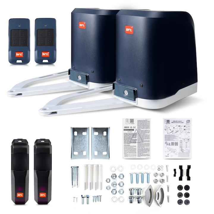 Set De Automatizare Pentru Porti Cu Doua Aripi, Bft, Virgo Bt B20, Pana La 2 MxPana La 200 kg, Pentru Porti Cu Doua Aripi, Centrala De Control Thalia Bt A80 Duo Cu Display, Functie De Detectare A Obstacolelor Prin Amperaj, Negru