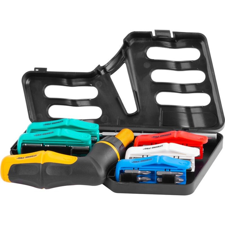 Csavarhúzó készlet adapterrel, bitekkel és foglalatokkal 41 db, műanyag szállítódobozban