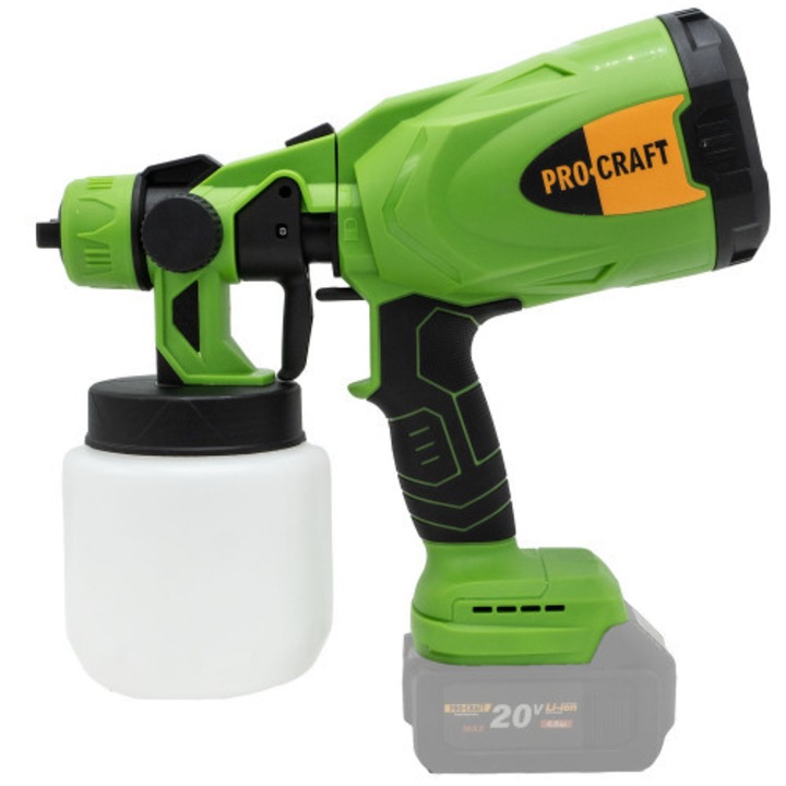 ProCraft PSE20 akkus festékszóró pisztoly, 20 V, 800 W, 0,8 l-es tartály, akkumulátor és töltő nélkül, zöld/fekete