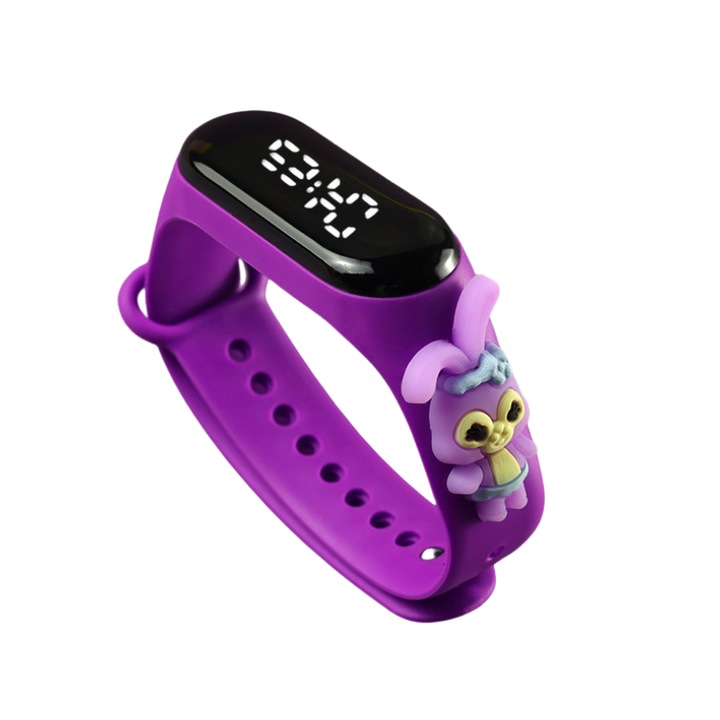 Часовник за деца, с нетоксична силиконова гривна, вградена батерия, дигитален циферблат, водоустойчив, модел заек с очила, лилав