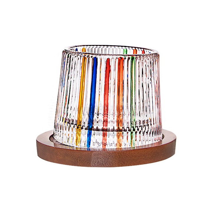 Въртяща се чаша за уиски, ръчно рисувана, вертикални ивици, дървена основа, 150мл, 6.8x8x10cm