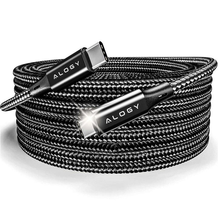 Gyorstöltő kábel USB-C típusú C erős, gyors, 60 W PD törésálló, rugalmas Alogy, fekete