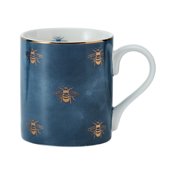 Mikasa porcelán bögre, 280 ml, méhecske mintás, kék