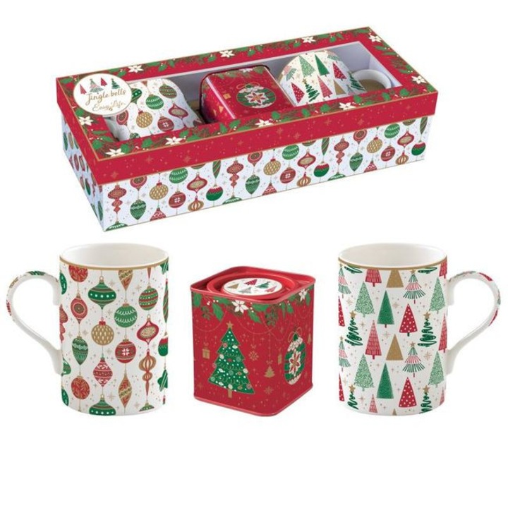 Set de cani din portelan si cutie pentru ceai, Easy Life, Jingle Bells, multicolor, 2 cani, 1 cutie