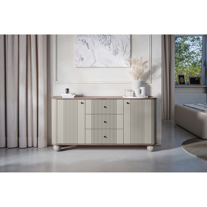 Comoda, Meble Bogart, Vesper, 160 x 38 x 82 cm, Sistem Soft Close, Cu 2 Usi, Cu 3 Sertare, Laminat, MDF, Bej