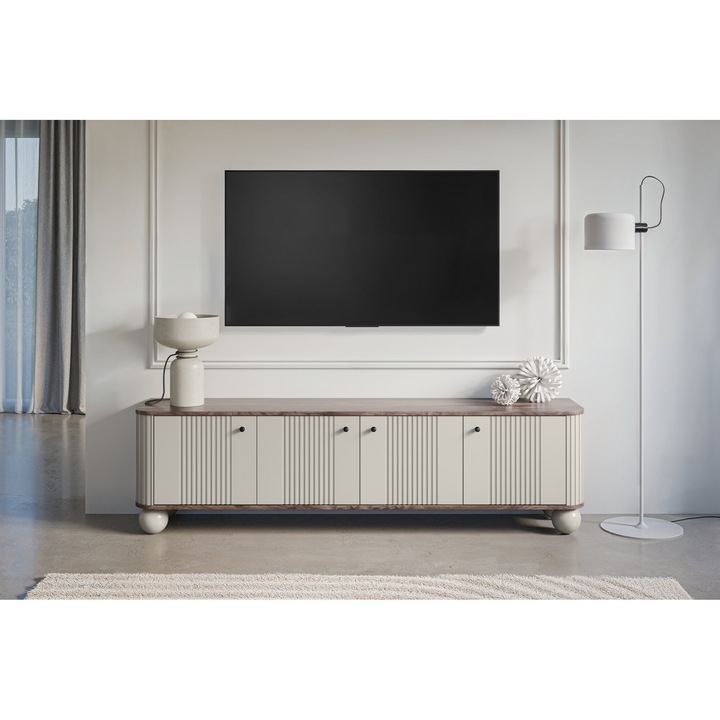 Comoda TV, Meble Bogart, Vesper 4D, 187 x 38 x 48 cm, Sistem Soft Close, Cu 4 Usi, Laminat, MDF, Bej