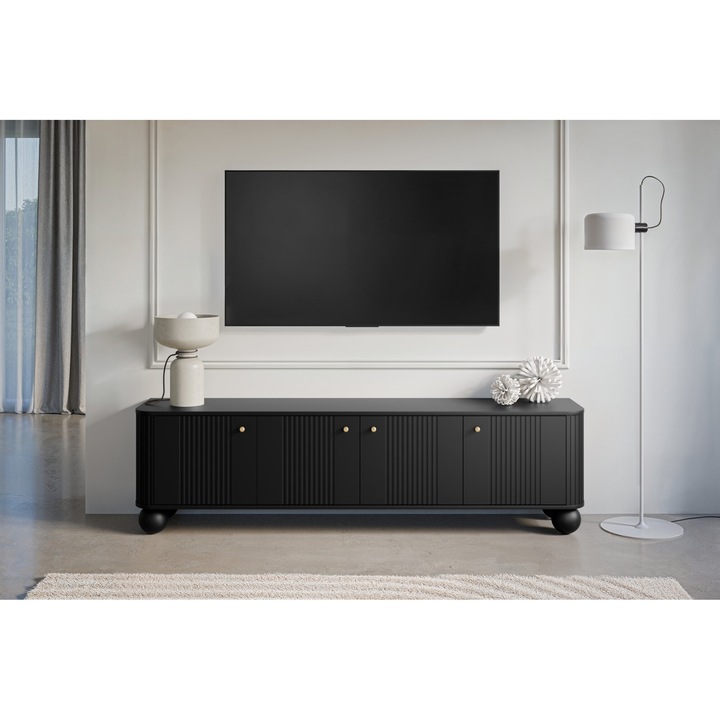 TV szekrény, Bogart bútor, Vesper 4D, 187 x 38 x 48 cm, Soft Close System, 4 ajtós, laminált, MDF, fekete