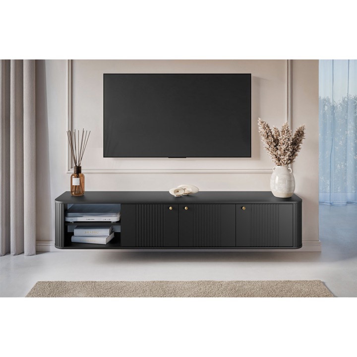 Comoda TV, Meble Bogart, Vesper 3D, Suspendat, 187 x 38 x 36 cm, Sistem Soft Close, Cu 1 Raft, Cu 3 Usi, Laminat, MDF, Negru