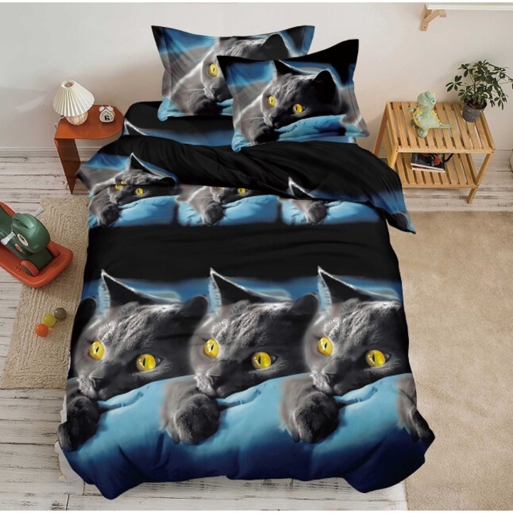 Lenjerie de pat, Finet, Imprimeu 3D Multiplicat, 4 piese, 1 persoana, 155x200cm, Pisica, Negru-Albastru