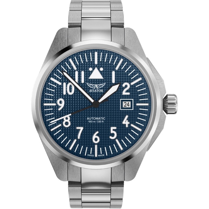 Ceas Aviator, Automat, Albastru cu Bratara din Inox, Rezerva de 38 ore, Rezistent la apa 100m