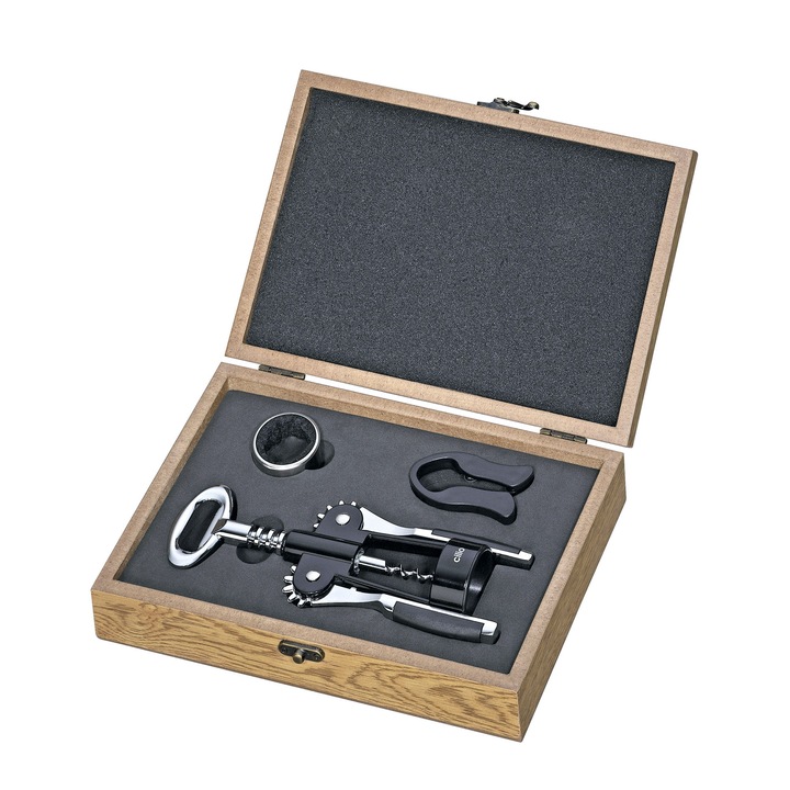 Комплект за вино, Cilio, 3 части, неръждаема стомана, дърво, 26x16.5x6cm