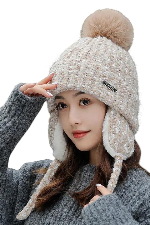 Caciula dama, model pom pom si prelungire urechi tip acoperitori, prindere reglabila si captuseala delicata, tematica mountain girl, marime universala, bej, EFAYN
