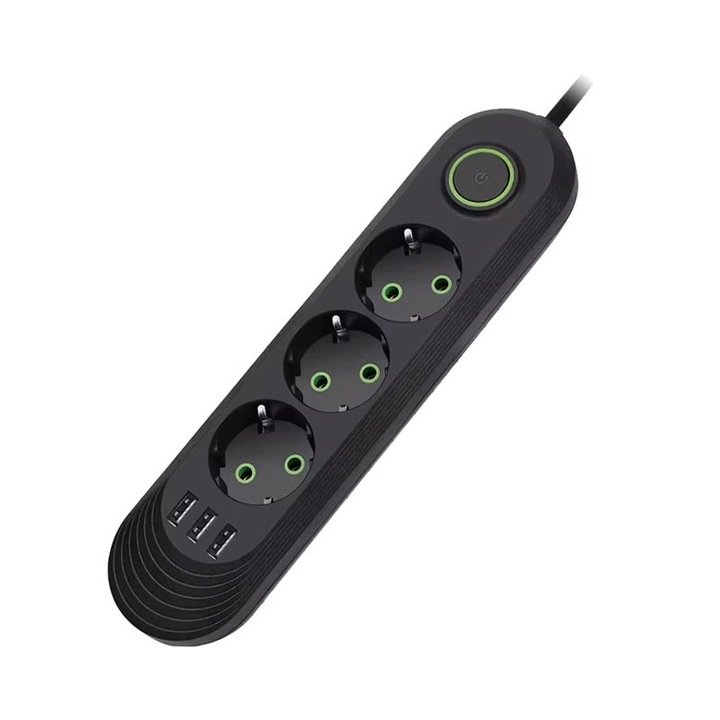 Удължител с 3 гнезда и 3 USB порта NEXTLY, превключвател, опора за окачване, устойчив на високи температури, 2м кабел, 2500W, черен