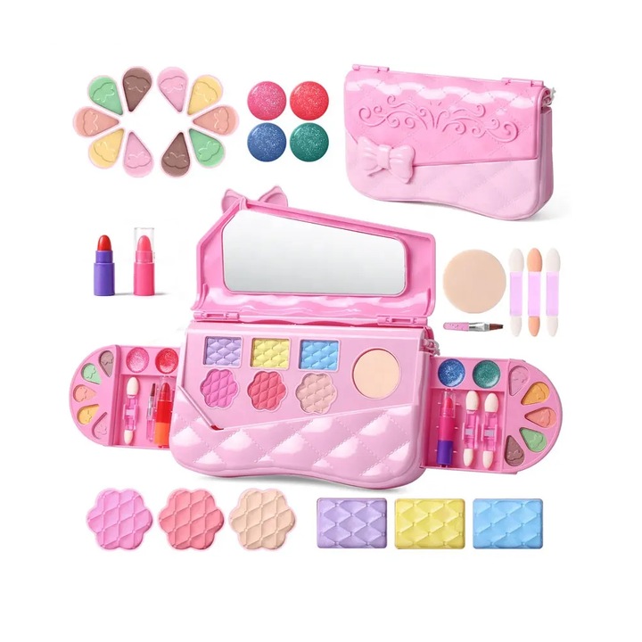 Set de machiaj de jucarie pentru fete, 28 de piese, FomoX, rochie printesa, pentru fete, set de machiaj autentic lavabil, vine cu geanta de machiaj pentru fetite, joc de prefa, set de machiaj pentru fete, cadou de aniversare de Craciun pentru 3-12 ani