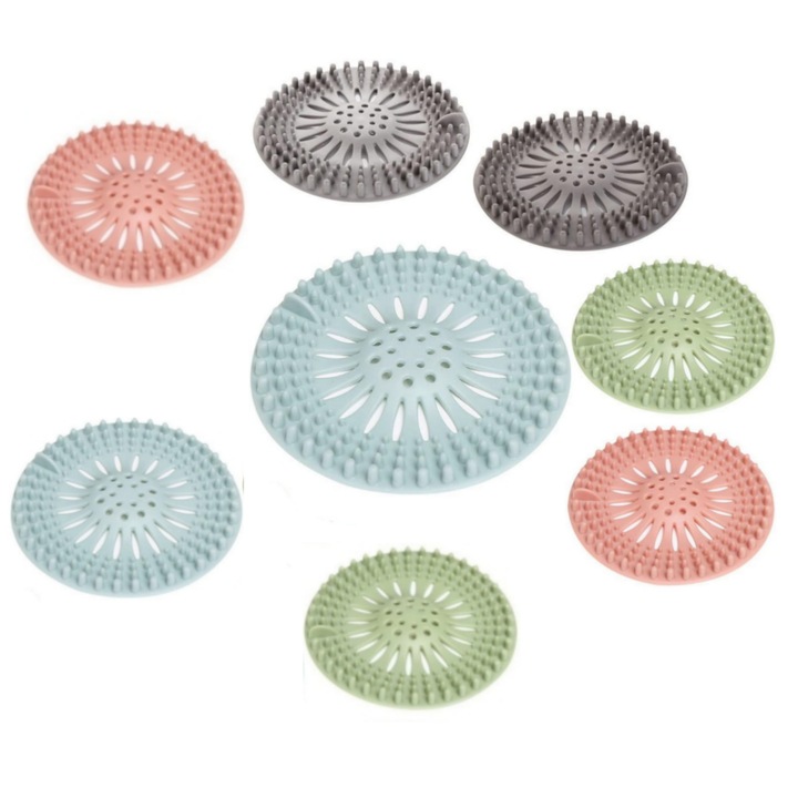 Комплект от 8 кръгли силиконови цедки за мивка, вана, сифон за баня или кухня, защита от запушване, Premium, Vanaxalife®, многоцветен
