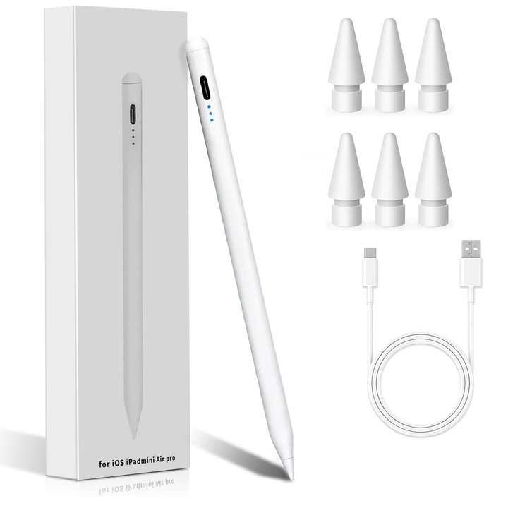 Stylus iPad toll Apple iPadhez, univerzális, nagy pontosságú digitális toll, nincs szükség Bluetooth kapcsolatra, mágneses, késleltetés nélkül, Android és iOS kompatibilis, Type-C töltés, tartós POM karcolásgátló hegy, fehér