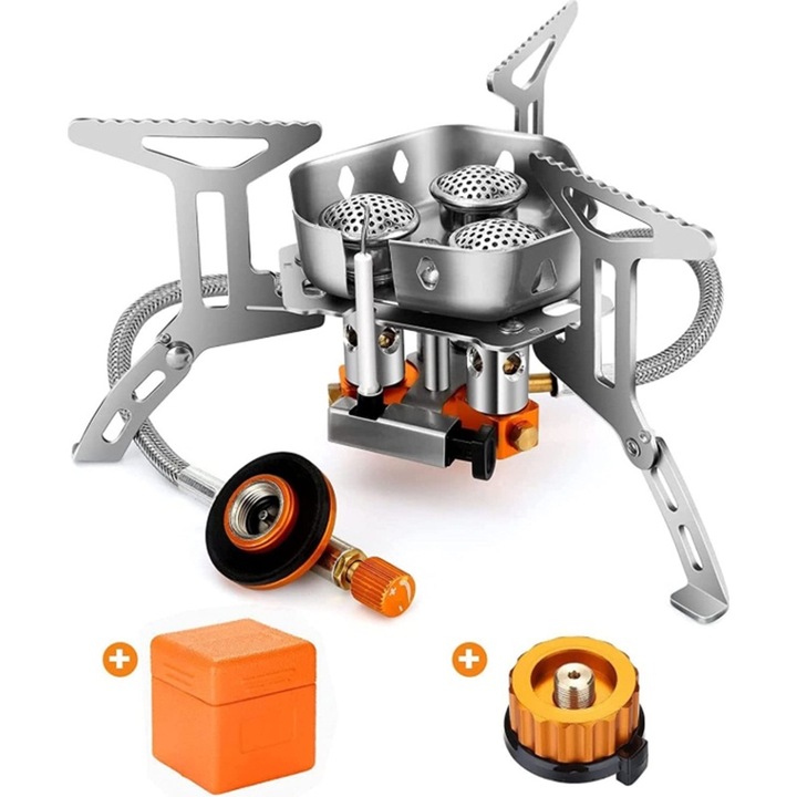 Aprindere piezoelectrica Soba de camping cu gaz portabila rezistenta la vant Arzator pliabil pentru camping in aer liber, drumetii, picnic, argint,5800W