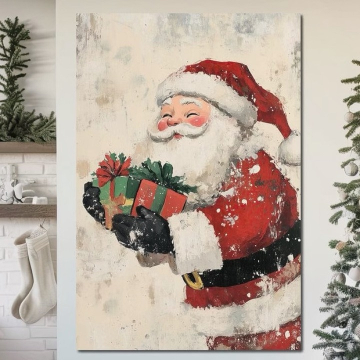 Премиум картина върху платно, LuxCanva® D1055, Дядо Коледа и детски подаръци, 100 X 150 см, 100% памучно платно 400 г/м2, дървена рамка, костюм, опаковка, панделки, колан, шапка, хол, ярки цветове