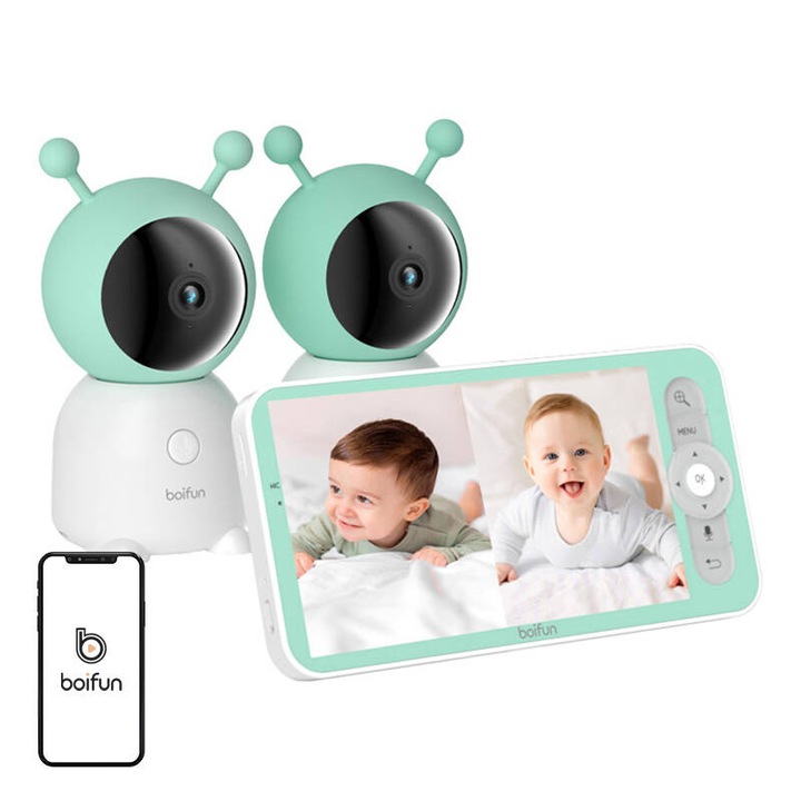 Комплект от 2 камери и въртящ се електронен монитор за бебета Boifun 6T, детекция на движение