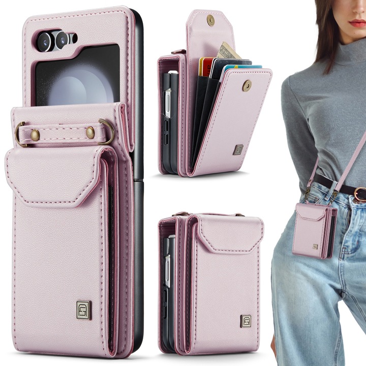 Калъф, портфейл, чанта за Samsung Galaxy Z Flip5, CaseMe, мека текстурирана кожа, мека и удобна за хващане в ръка, тип калъф, пълна защита, 2 свалящи се каишки, държач за карти, Розово