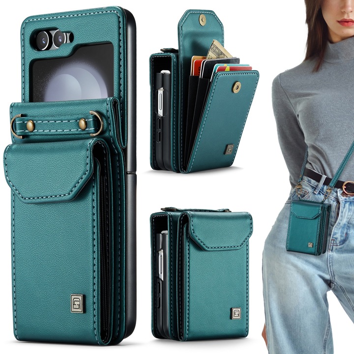 Калъф, портфейл, чанта за Samsung Galaxy Z Flip5, CaseMe, мека текстурирана кожа, мека и удобна за хващане в ръка, тип калъф, пълна защита, 2 свалящи се каишки, държач за карти, червен