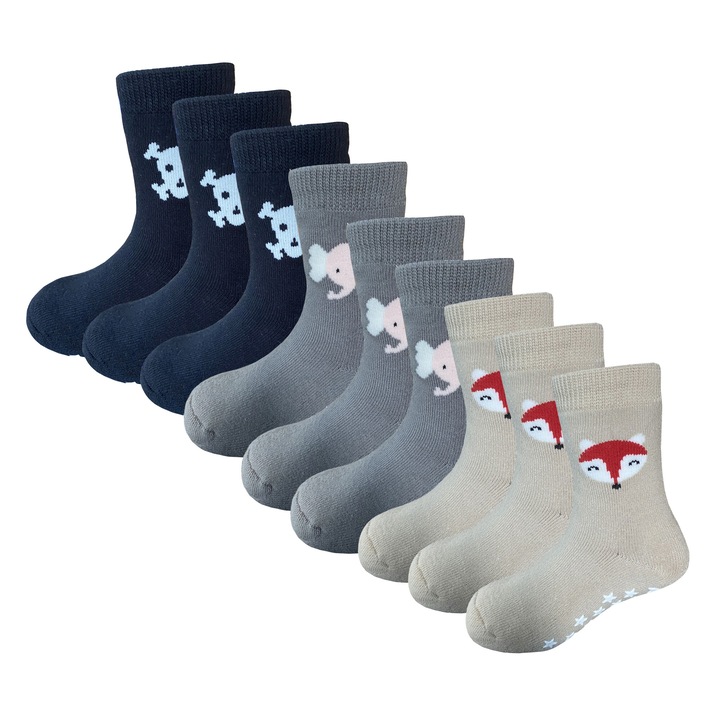 Set 9 Perechi, Sosete pentru Copii din Bumbac, Sayoyo, Imprimeu grafic animalului, Negru / Alb / Gri, Multicolor