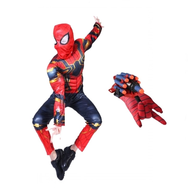Set costum si manusa lansator cu 7 ventuze din burete Iron Spiderman, 3-5 ani, rosu