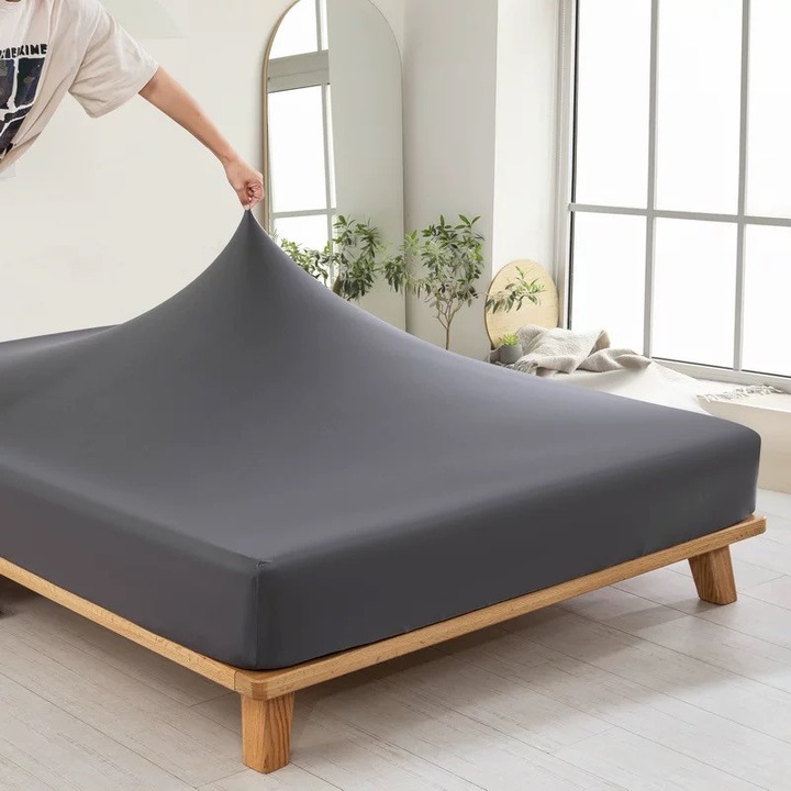 Cearceaf de pat Nonsuch, bumbac, elastic, antiderapant, gri inchis, 140x200x30cm