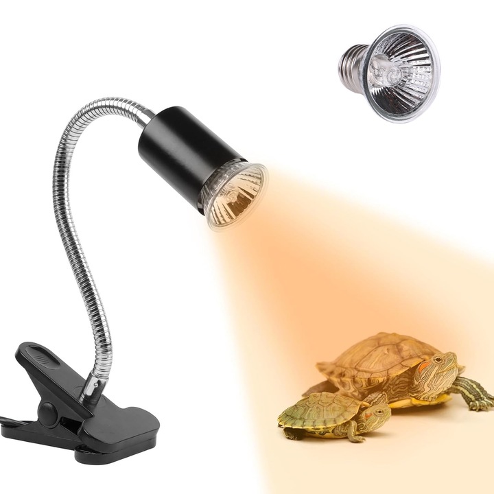Lampa de Caldura Pentru Reptile, SINBINTA, Daylight Basking Spot, 2 becuri, 50 w, Simulare ridicata a luminii naturale, Cu clema, rotire 360°, Pentru broaste testoase si soparle, Plastic/Sticla, 4.2x6x35cm, Negru