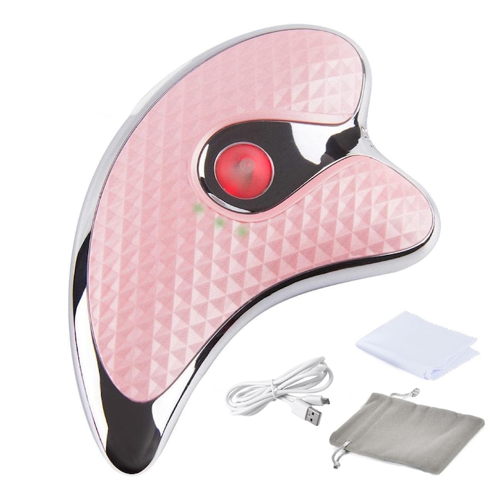 Уред за лицева терапия, SINBINTA, Уред за антицелулитен масаж и лифтинг на лицето, Против бръчки, Подмладяване на кожата, Анти-ейдж ефект, Детоксикация, Хидратация, Функция за вибрация и загряване, 400mAh, Цинкова сплав, 120x55x30мм, Розов