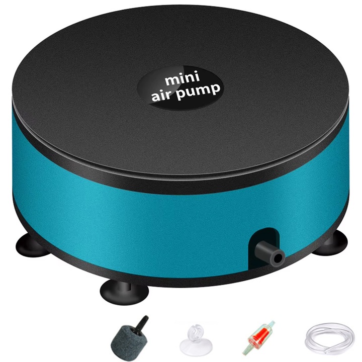 Set 5 Aerare Pentru Acvariu cu Pompa de Oxigen, SINBINTA, Pompa aer, Cu furtun de aer, valva anti-retur, piatra difuzor si ventuza, 200ml/min, 1.5W, Silentioasa, Plastic/Cupru, 6.2x6.2x2.4cm, Verde/Negru