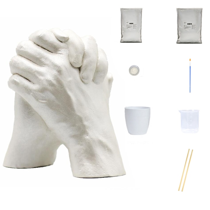 Комплект 8 3D модели на ръце за двойка, SINBINTA, отпечатък на ръка и крак за бебе, с 400 г алгинат, 1000 г гипс, запазване на специални спомени, безопасен материал, уникален подарък, за кръщене или рожден ден, гипс, бял