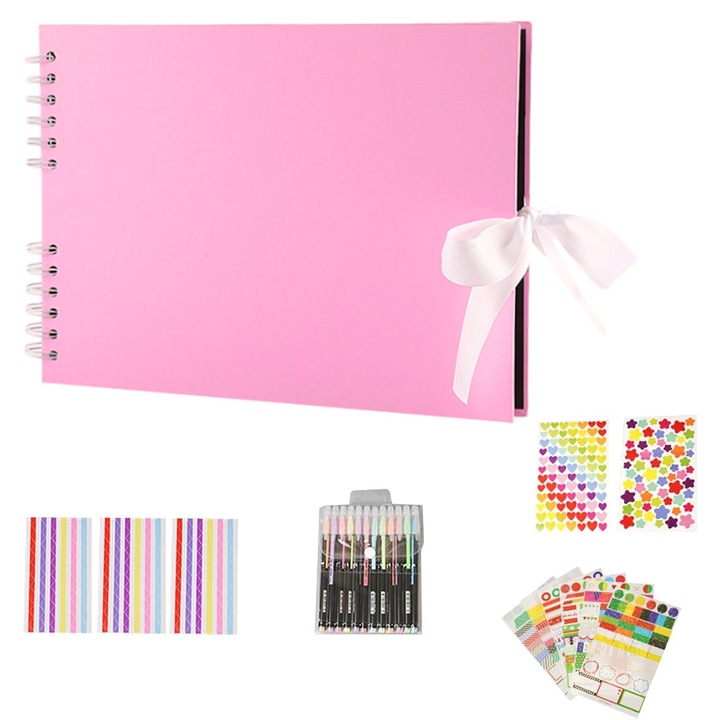 Set 5 Album Foto Creativ, SINBINTA, Carte Memorie DIY, Album Foto Dreptunghiular cu Spirala si Panglica Satin, A4, 40 pagini, Cu accesorii, pentru nunta, Ziua de nastere, Craciun, Ziua Mamei, Carton/Metal, 21.5x29cm, Roz
