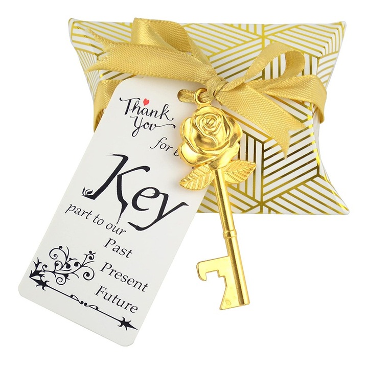 Set 25 buc Accesorii Nunta, Cutii pentru Carduri, Deschizatoare de Sticle, Etichete Albe, Panglica Eleganta, Auriu